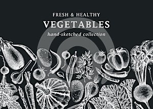 Hand-sketched vegetables design on chalkboard. Hand-drawn tomatoes, squashes, peppers, potatoes, asparagus drawings and other