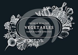 Hand-sketched vegetables design. Hand-drawn tomatoes, squashes, peppers, potatoes, asparagus and other vegetables. Healthy food