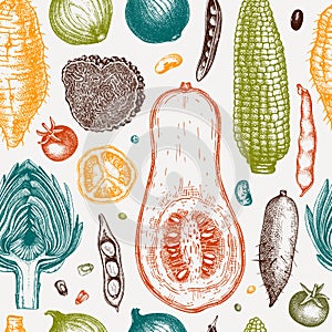Hand-sketched vegetables, mushrooms, herbs seamless pattern. Healthy food ingredients background. Perfect for wrapping paper,