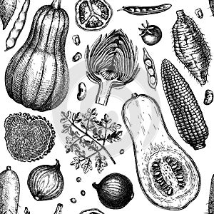 Hand-sketched vegetables, mushrooms, herbs seamless pattern. Healthy food ingredients background. Perfect for wrapping paper,