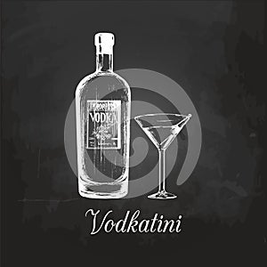 Hand sketched vodka bottle and vodkatini glass. Alcoholic drink drawing on chalkboard. Vector illustration of cocktail.