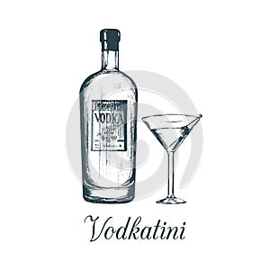 Hand sketched vodka bottle and vodkatini glass. Alcoholic drink set drawing.Vector illustration of traditional cocktail.