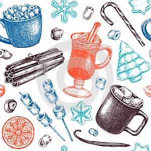Hand-sketched winter desserts and hot drinks backdrop. Mulled wine, hot chocolate, candies, and cookies background. Hand-drawn