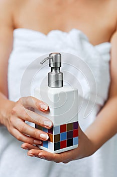 Hand Skin Care. Close Up Of Female Hands Holding Cream Tube, Beautiful Woman Hands With Natural Manicure Nails Applying Cosmetic