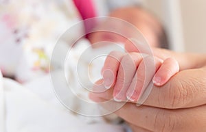 Hand of sleeping new born infant baby in the hand of mother close up on the bed