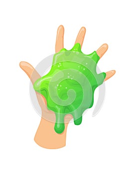 Hand with slime. Cartoon slimy toy, vector illustration