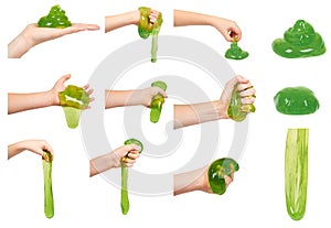 Hand with slime toy for kids, fun and education, set and collection