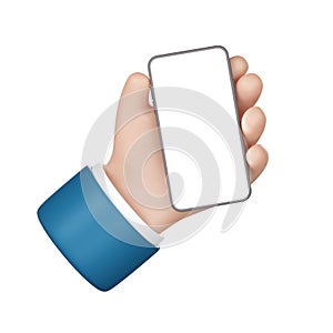 Hand with smart phone icon. Cartoon character holds mobile gadget with blank touch screen