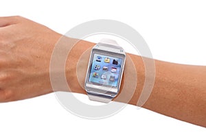 Hand, smart watch and icons technology or screen for schedule planning on white background, location or studio. .Person