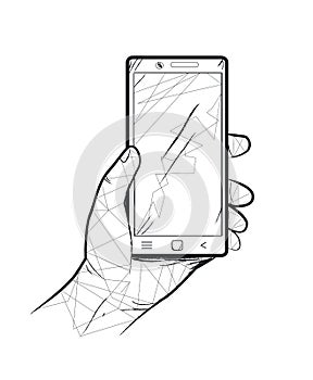 Hand and Smartphone Dark Theme Vector Illustration