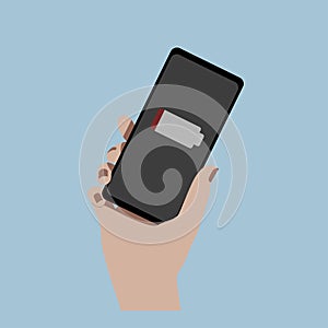 Hand with smartphone. Hand holding smartphone. The battery is empty. Low battery. Blue background. Colored illustration