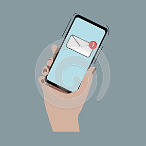 Hand with smartphone. Hand holding smartphone. Message on screen. New message notification. Illustration on blue background.