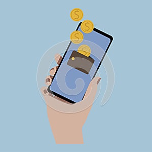 Hand with smartphone. Hand holding smartphone. Wallet with falling coins on the screen. Blue background. Colored illustration