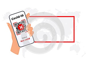 Hand with smartphone. Qr code not valid with mobile phone. covid-19 digital passport vaccine certificate.