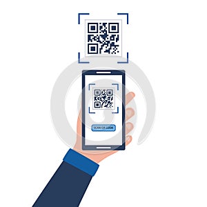 A hand with a smartphone scans a QR code. Men`s hands hold the phone. Flat vector illustration isolated on white background