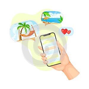 Hand with Smartphone Sharing Photo and Text Messaging in Chat Software Vector Illustration