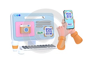 Hand smartphone to make mobile wallet payment via QR code scanning digital invoice from computer screen