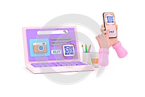 Hand smartphone to make mobile wallet payment via QR code scanning digital invoice from computer screen