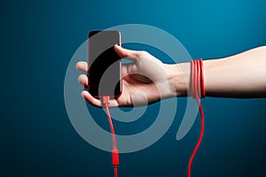 Hand and smartphone unite through red cord on a background of blue