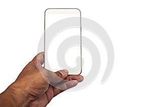 Hand with smartphone white screen isolated