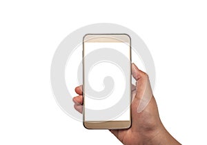 Hand with smartphone white screen isolated, Clipping path