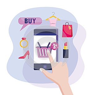 Hand with smatphone ecommerce technology to shopping online