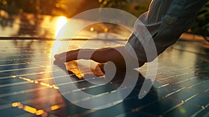The hand on solar panel. AI generated