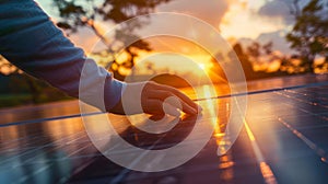 Hand on Solar Panel at Sunset.AI generated image