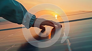 The Hand on Solar Panel. AI generated