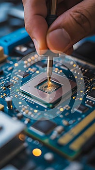 Hand soldering computer processor chip electronics