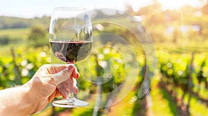 Hand of a sommelier with wineglass with red wine close-up.