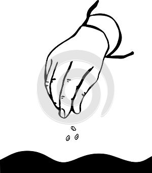 Hand sows seeds. Hand and seeds, vector icon
