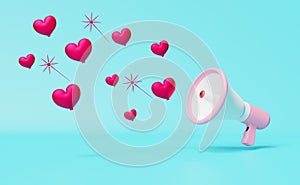 Hand speaker or megaphone with red heart shaped balloon in blue composition background ,valentine`s day concept ,3d illustration