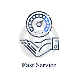 Hand and speedometer, express or urgent services, deadline and delay