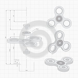 Hand spinner different forms hand drawn set. Fidget toy. Sketch style. Spinner in outline and fully rendered in a