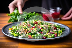 hand spooning a mixed three bean salad onto a plate