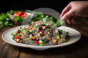 hand spooning a mixed three bean salad onto a plate