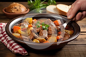 hand spooning stew onto a rustic plate