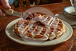 hand spreading nutella on a warm waffle