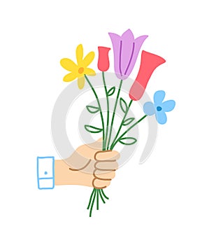 Hand with spring flower bouquet illustration.