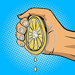 Hand squeeze lemon pop art comic book style vector photo