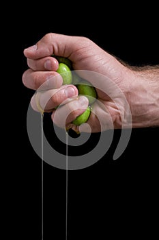 Hand squeezing olives