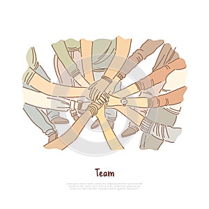 Hand stack, team bonding exercise, community cooperation, group unity, diversity, teamwork banner