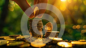 The hand stacking bitcoins. AI generated photo