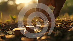 Hand Stacking Coins in Soil.AI generated image photo