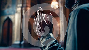 Hand of stands muslim man praying with mosque interior background