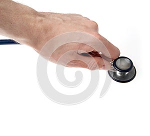 Hand with stethoscope isolated on white