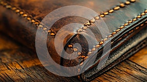 Hand-Stitched Leather Wallet with Fine Details Copy Space for Promotional Text photo