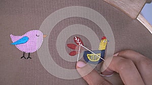 Hand Stitching Fly Stitch to Decorate Cartoon Rooster Applique Art