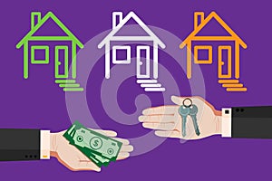 Hand in a suit gives house keys. Buying a property for sale. Vector, Horizontal
